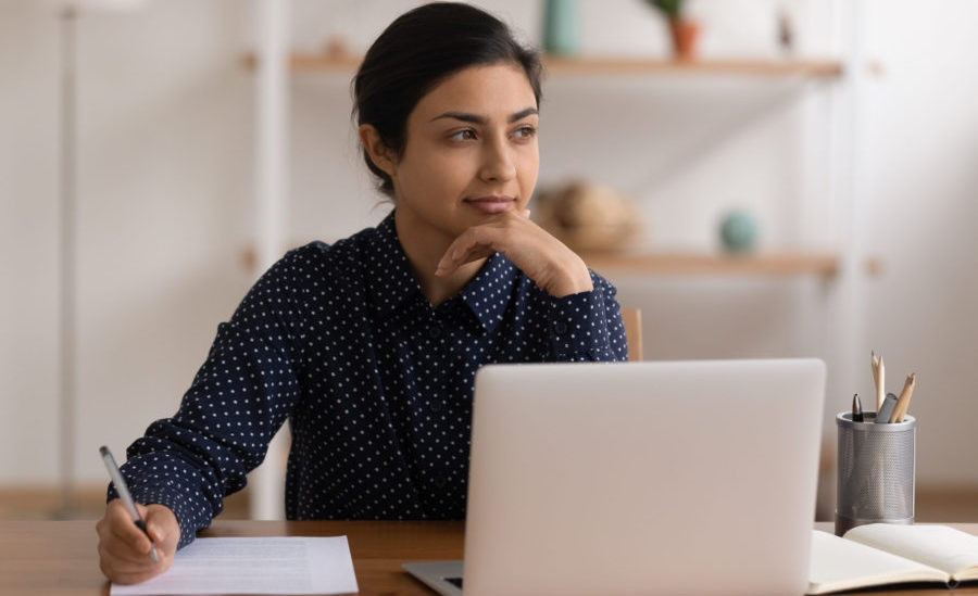 Thoughtful indian woman planning her first metabolomics project